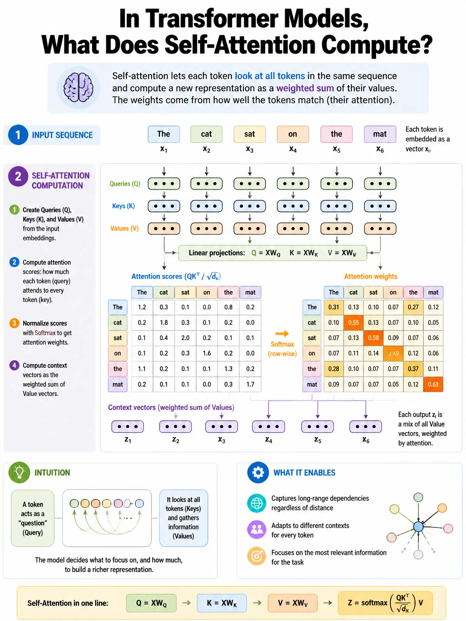 Portrait educational infographic explaining: In transformer models, what does self-attention compute? (scenario 29). Clear labeled diagram of the key concept.