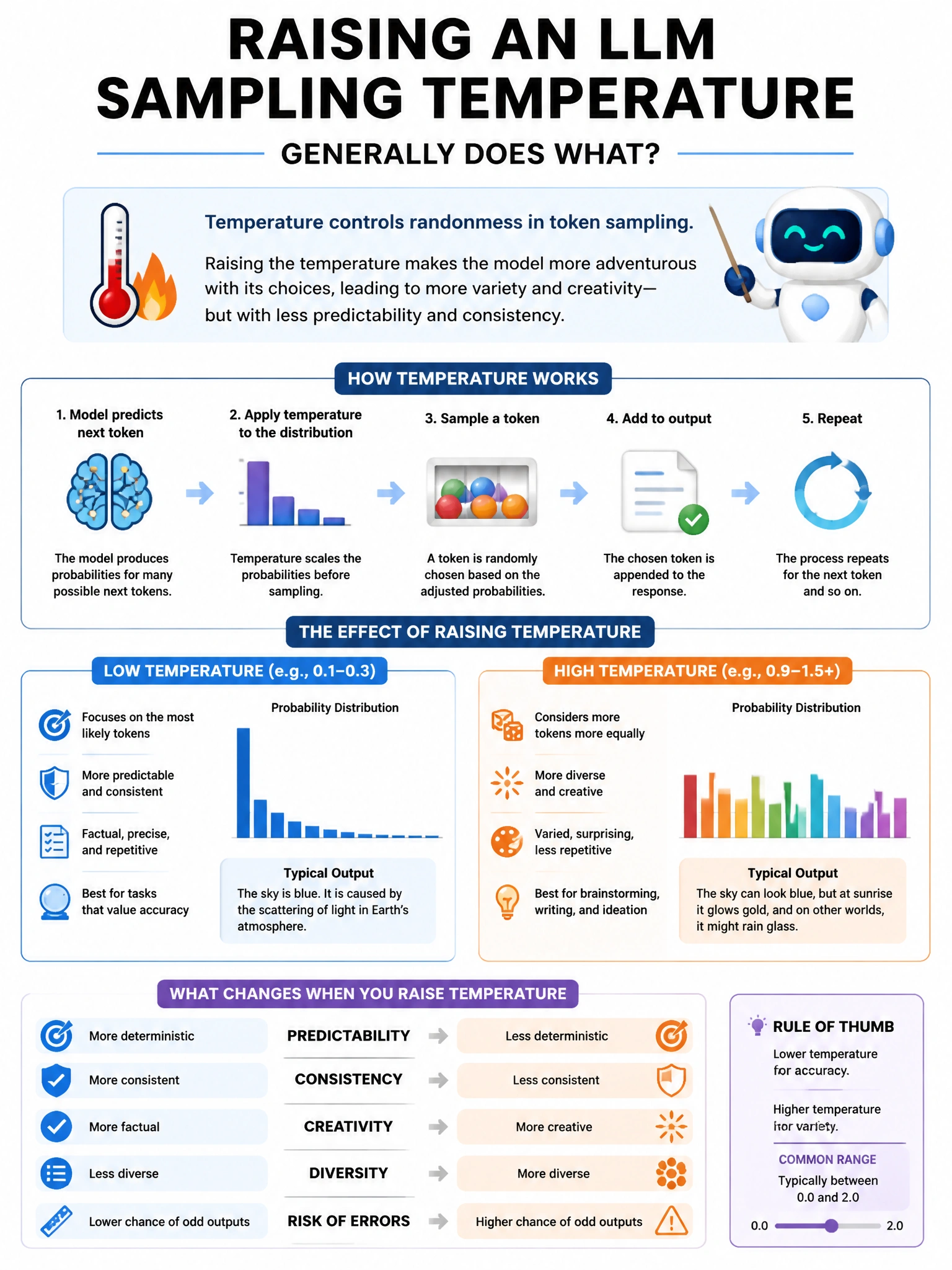 Portrait educational infographic explaining: Raising an LLM sampling temperature generally does what? (scenario 32). Clear labeled diagram of the key concept.