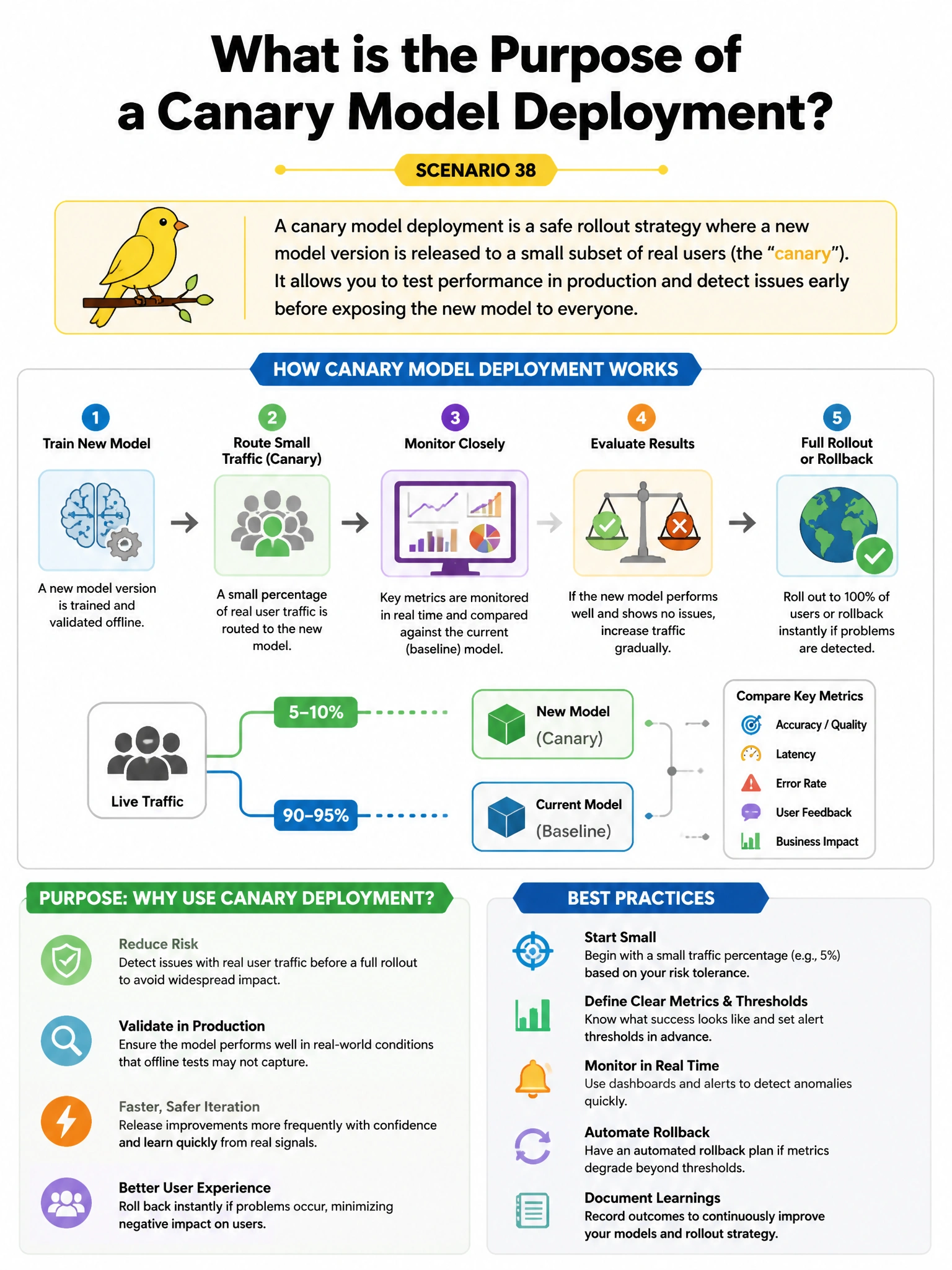 Portrait educational infographic explaining: What is the purpose of a canary model deployment? (scenario 38). Clear labeled diagram of the key concept.