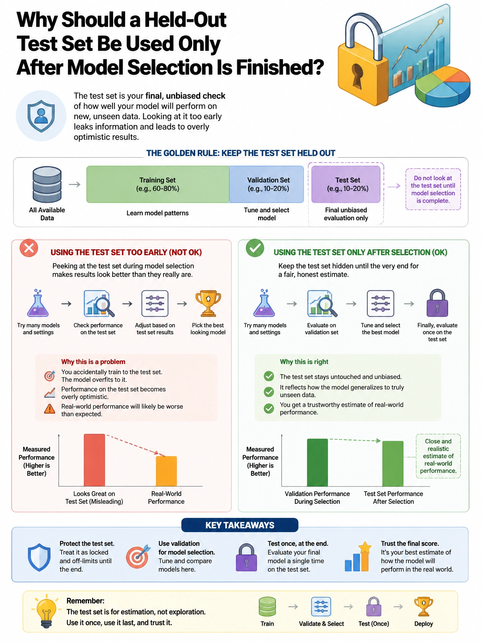 Portrait educational infographic explaining: Why should a held-out test set be used only after model selection is finished? (scenario 41). Clear labeled diagram of the key concept.