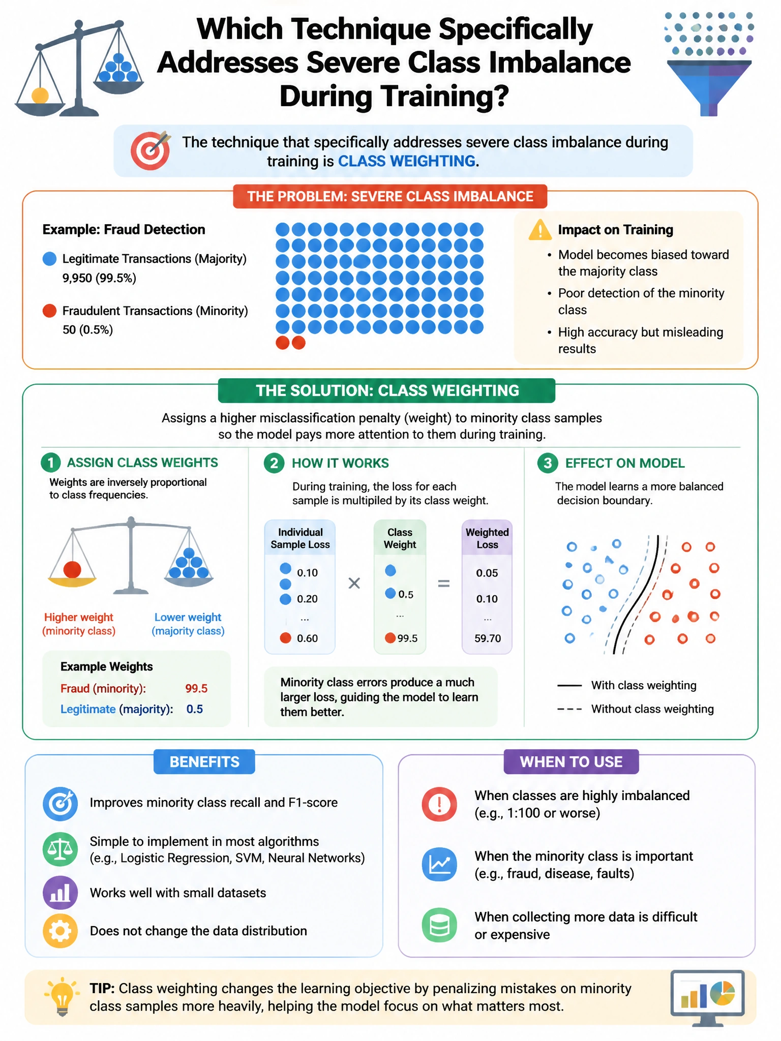 Portrait educational infographic explaining: Which technique specifically addresses severe class imbalance during training? (scenario 44). Clear labeled diagram of the key concept.