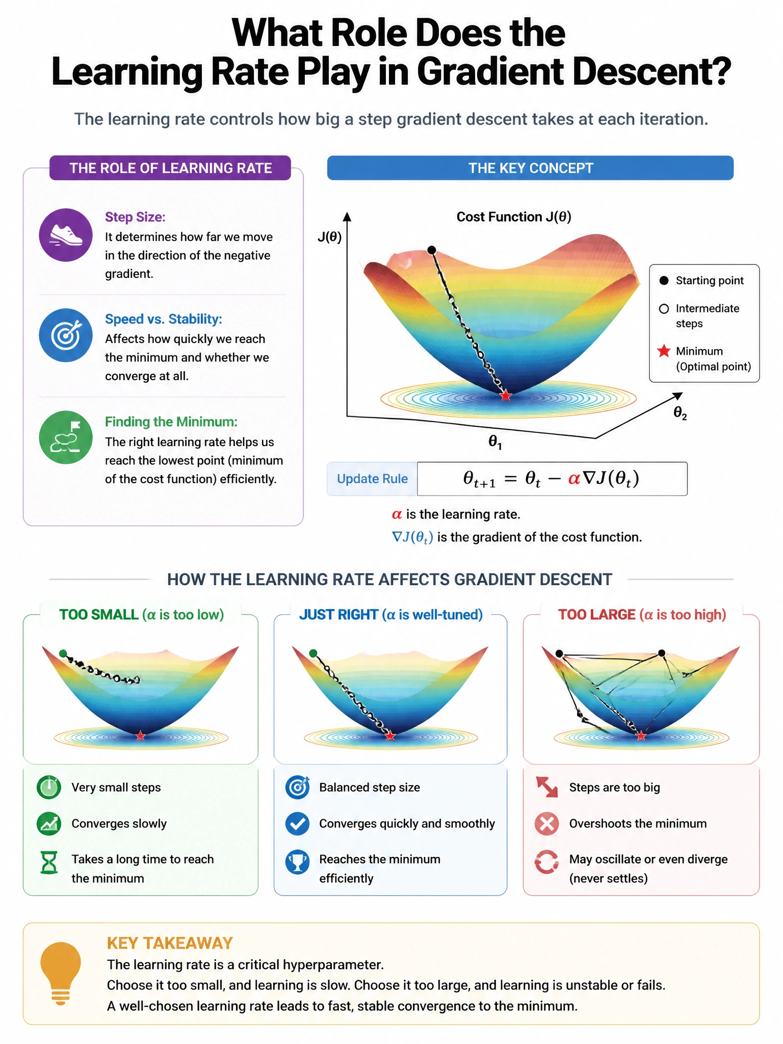 Portrait educational infographic explaining: What role does the learning rate play in gradient descent? (scenario 46). Clear labeled diagram of the key concept.