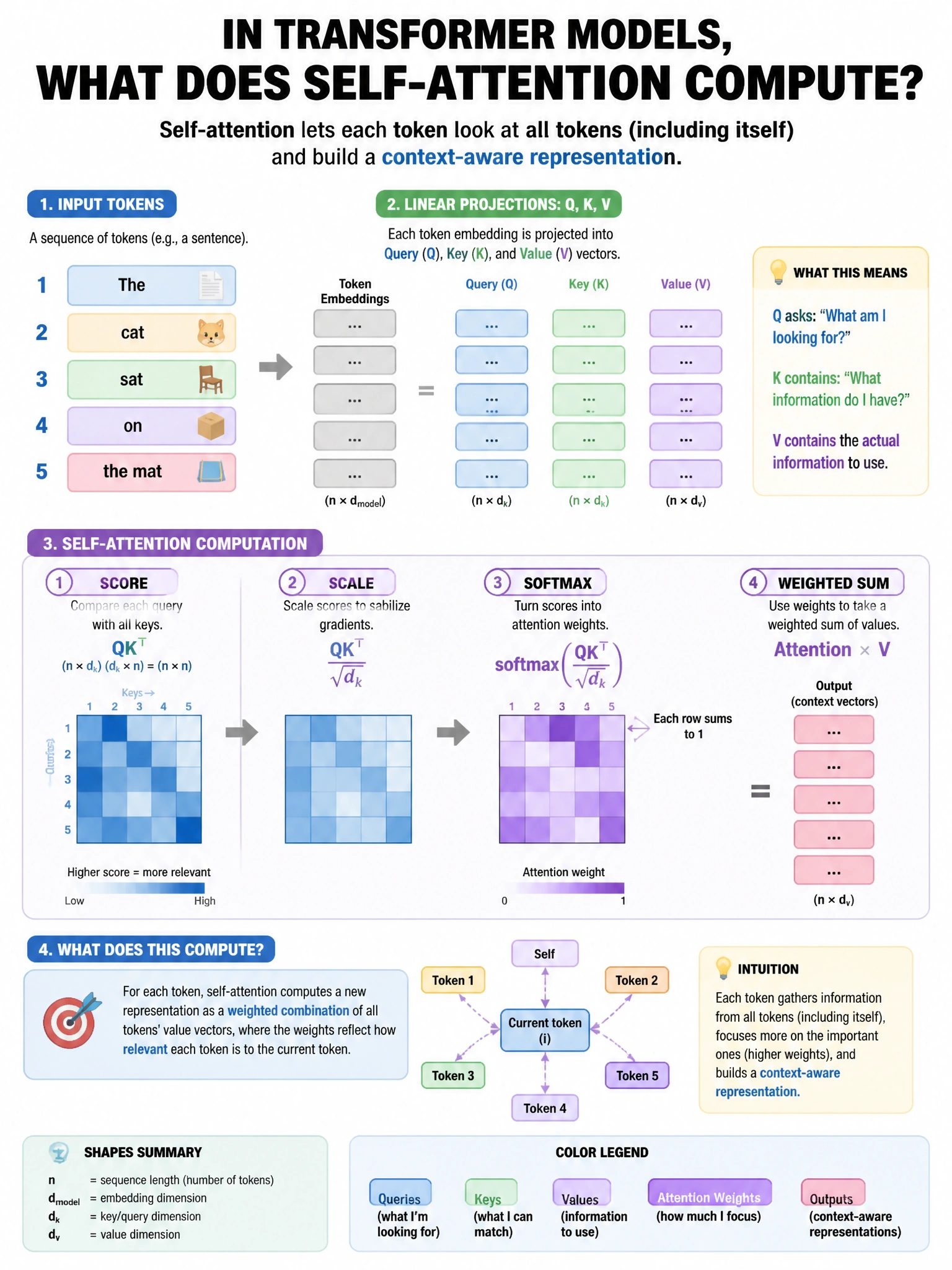 Portrait educational infographic explaining: In transformer models, what does self-attention compute? (scenario 49). Clear labeled diagram of the key concept.
