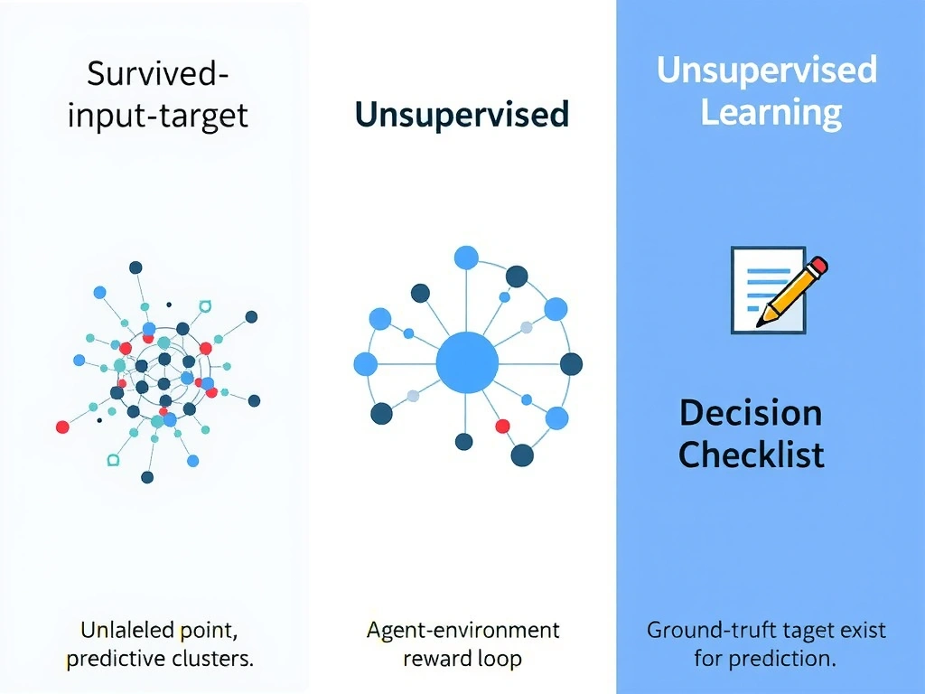Supervised vs unsupervised vs reinforcement learning comparison: labeled input-target pairs feeding a predictive model; unlabeled points forming clusters; agent-environment-reward loop; decision checklist asking whether ground-truth targets exist for prediction.
