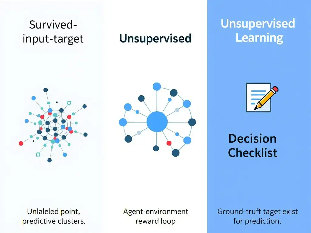 Supervised vs unsupervised vs reinforcement learning comparison: labeled input-target pairs feeding a predictive model; unlabeled points forming clusters; agent-environment-reward loop; decision checklist asking whether ground-truth targets exist for prediction.