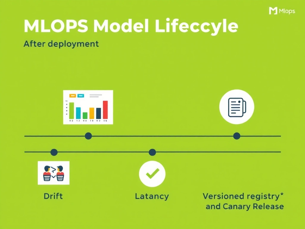 MLOps model lifecycle after deployment: live traffic into monitoring dashboard (drift, accuracy, latency), alert thresholds, decision path to investigate vs retrain vs rollback, versioned model registry and canary release.