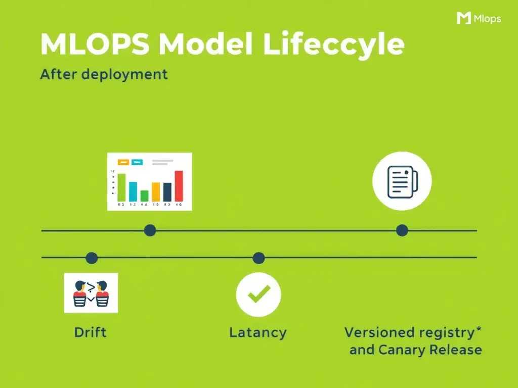 MLOps model lifecycle after deployment: live traffic into monitoring dashboard (drift, accuracy, latency), alert thresholds, decision path to investigate vs retrain vs rollback, versioned model registry and canary release.