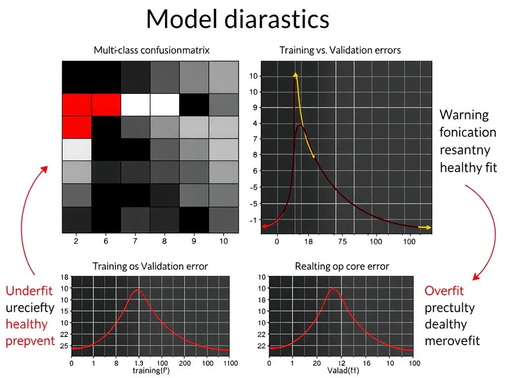 Model diagnostics panel: multi-class confusion matrix with highlighted off-diagonal errors; side-by-side training vs validation loss curves showing underfit, healthy fit, and overfit patterns; arrows from insights to improvement actions.