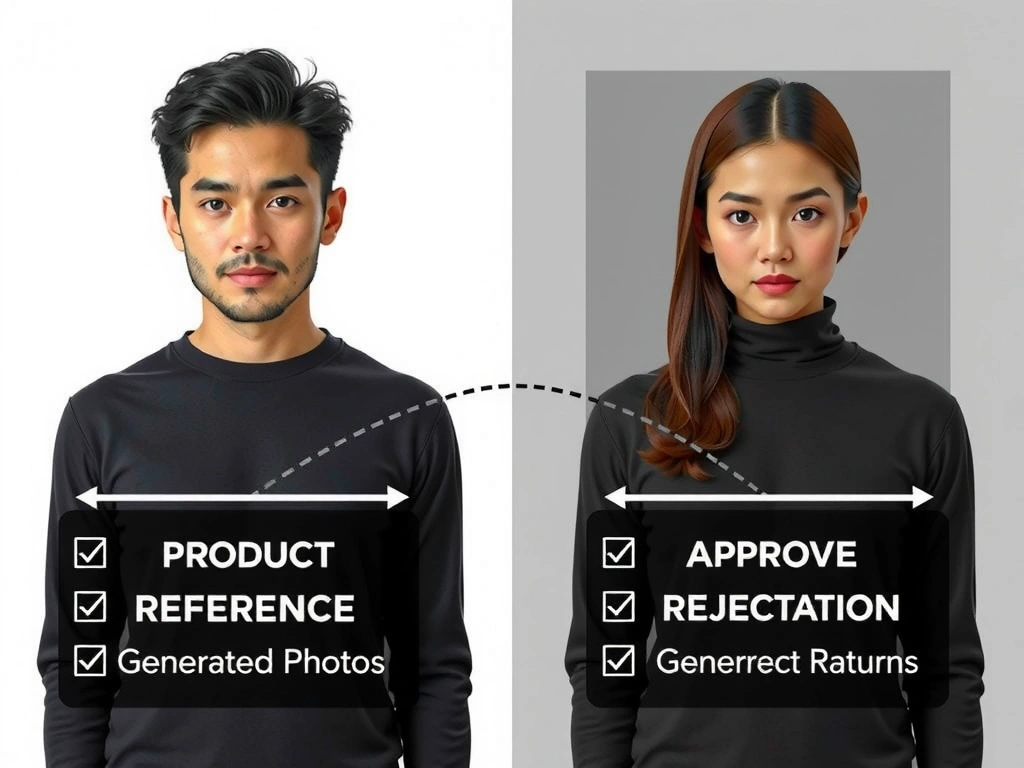 E-commerce generative AI quality gate: product reference photo vs generated image, fidelity checklist (color, shape, features, no hallucination), approve/reject path, trust and returns impact callouts.
