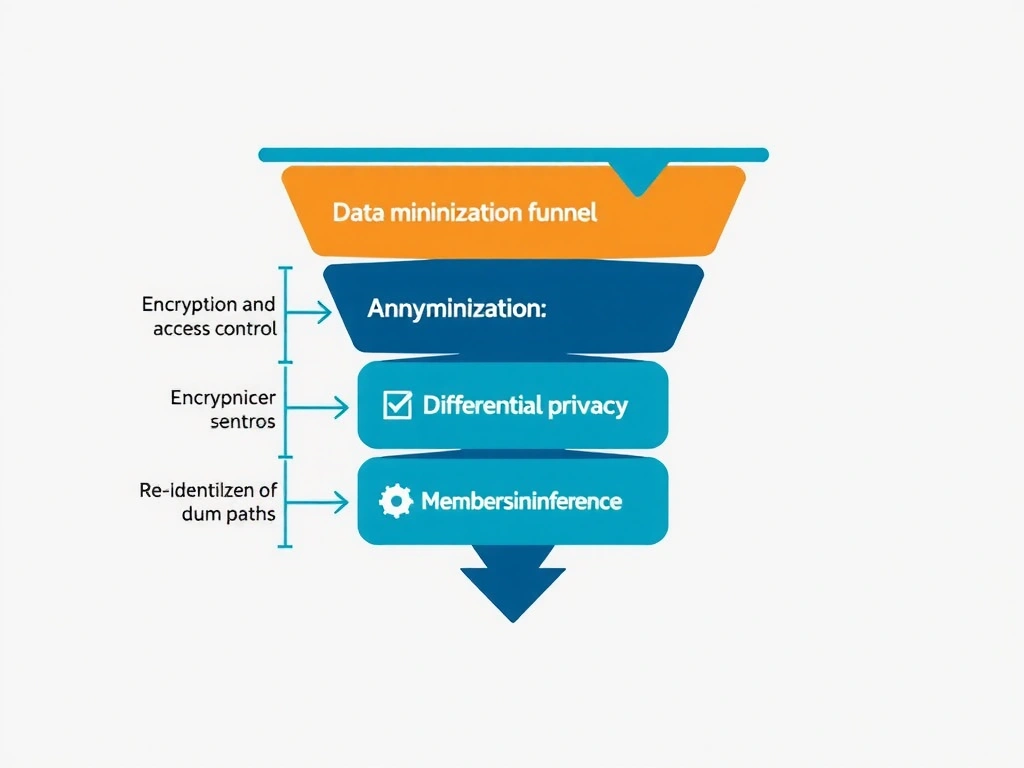 AI data privacy layered controls: data minimization funnel, anonymization and differential privacy blocks, encryption and access control, threat model notes (re-identification, membership inference), contrast with unsafe plaintext or public dump paths.