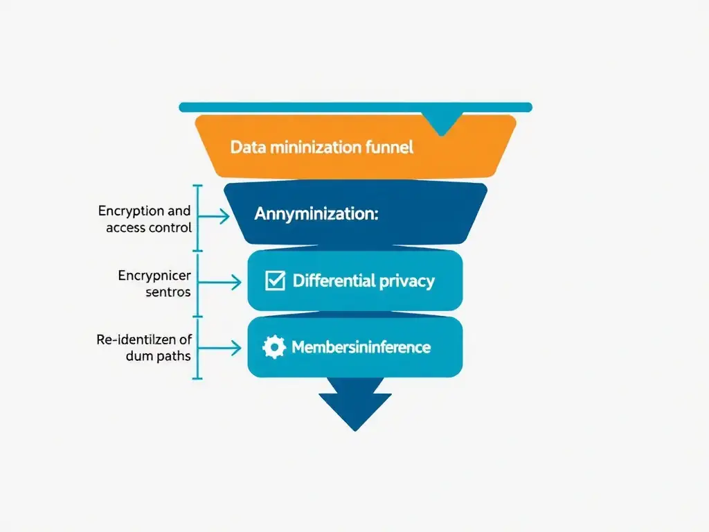AI data privacy layered controls: data minimization funnel, anonymization and differential privacy blocks, encryption and access control, threat model notes (re-identification, membership inference), contrast with unsafe plaintext or public dump paths.