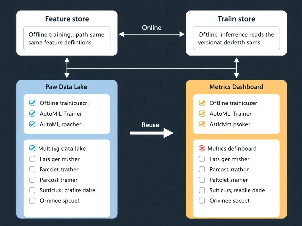 Feature store concept map: offline training path and online inference path both reading the same versioned feature definitions; multi-team consumers; contrast boxes for raw data lake, AutoML trainer, and metrics dashboard; callouts for train-serve consistency, reuse, and versioning.