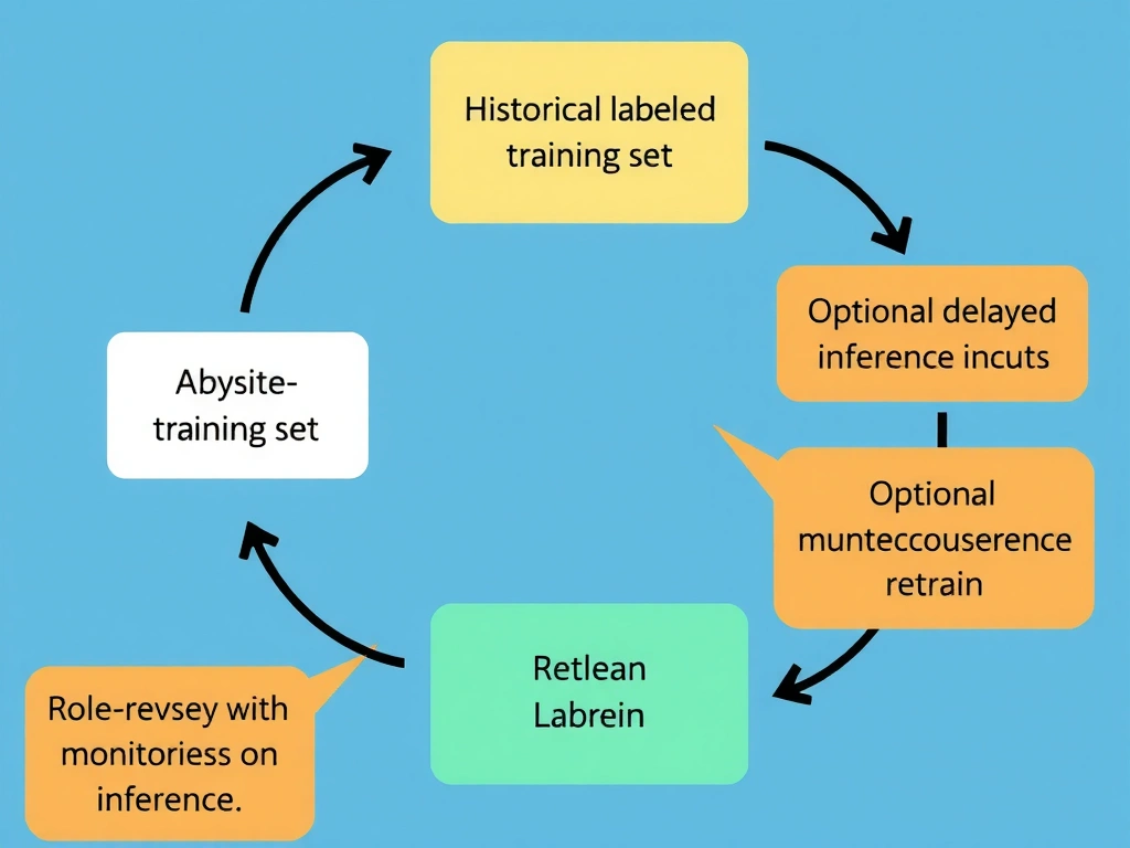 Lifecycle diagram: historical labeled training set feeding a train step, then frozen model scoring new unlabeled inference inputs; arrows for optional delayed labels back to monitoring and retrain; callouts correcting role-reversal and "always labeled inference" misconceptions.