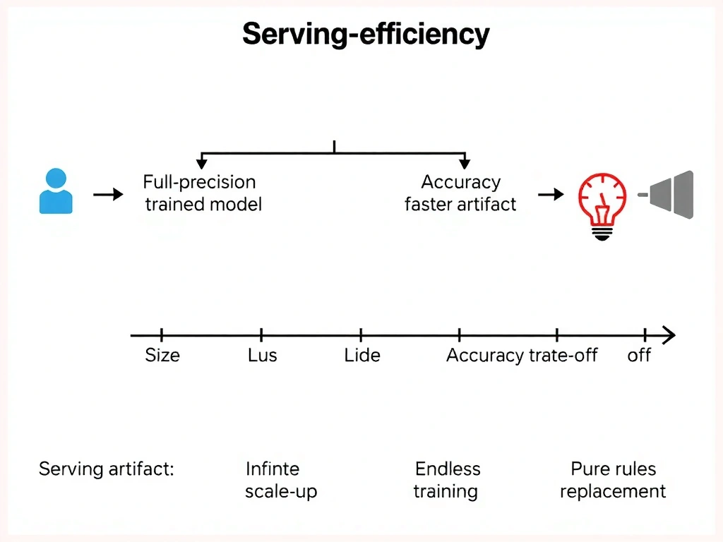 Serving-efficiency flowchart: full-precision trained model transformed via pruning and quantization into a smaller faster artifact; gauges for size, latency, and accuracy trade-off; crossed-out alternatives of infinite scale-up, endless training, and pure rules replacement.