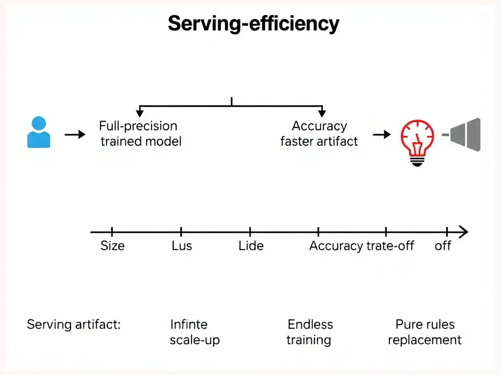 Serving-efficiency flowchart: full-precision trained model transformed via pruning and quantization into a smaller faster artifact; gauges for size, latency, and accuracy trade-off; crossed-out alternatives of infinite scale-up, endless training, and pure rules replacement.