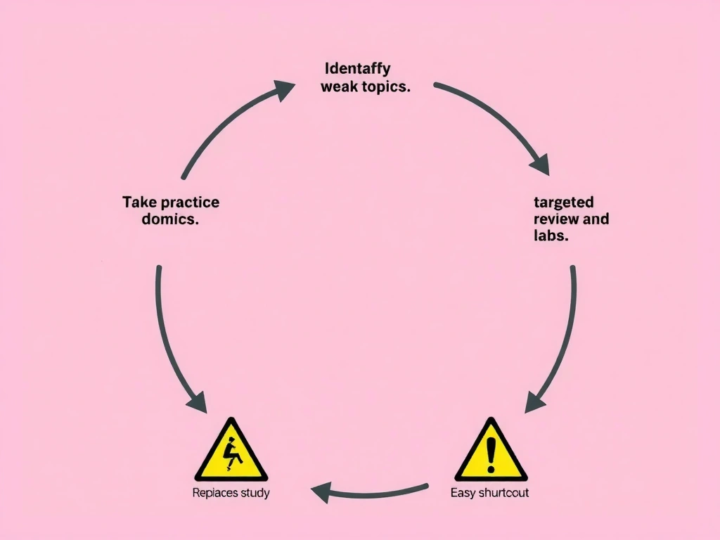 Study loop diagram: take practice exam → score by domain → identify weak topics → targeted review and labs → retest with progress chart; warning icons against "replaces study," "guarantees 100%," and "easy shortcut" myths.