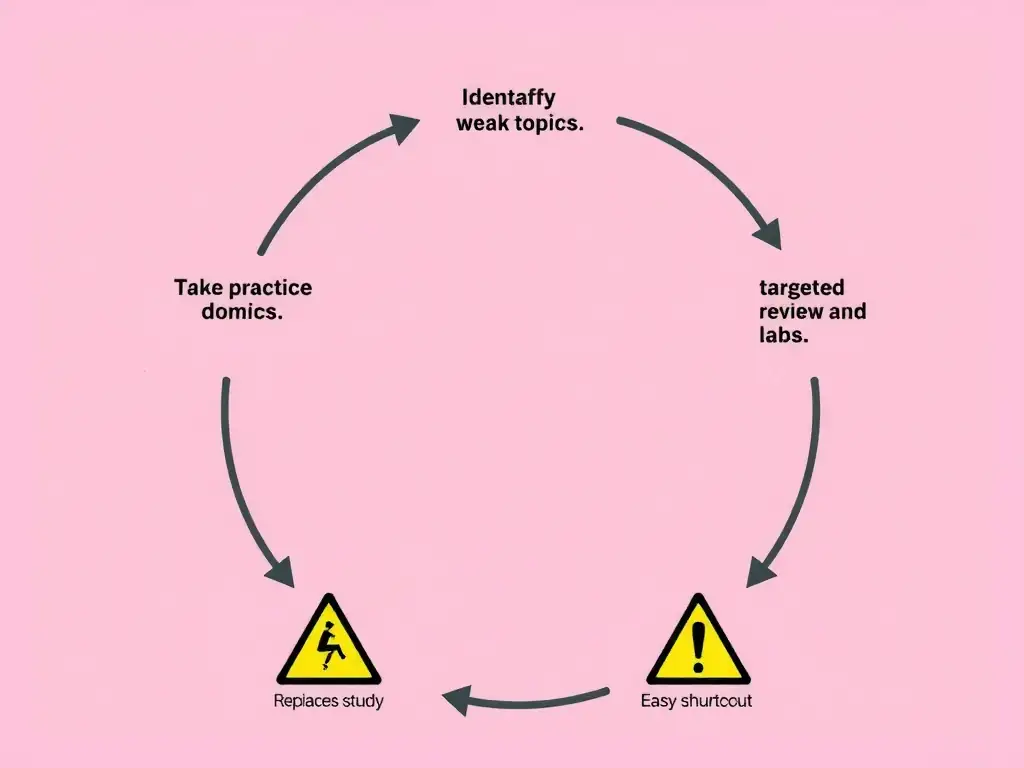 Study loop diagram: take practice exam → score by domain → identify weak topics → targeted review and labs → retest with progress chart; warning icons against "replaces study," "guarantees 100%," and "easy shortcut" myths.