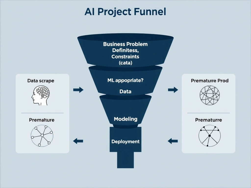 AI project funnel: business problem definition at the top (goals, constraints, is ML appropriate?) feeding later stages of data, modeling, and deployment; side panels showing premature data scrape, premature coding, and premature prod as incorrect first steps.