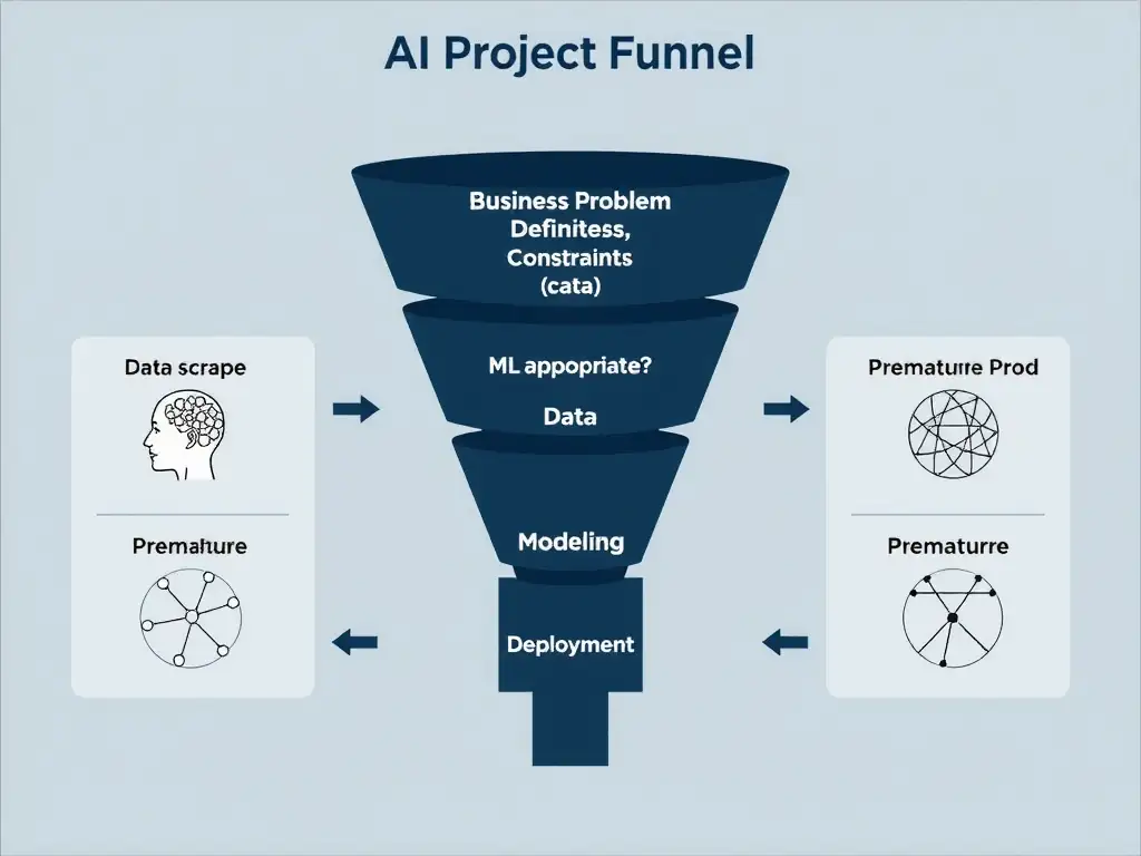 AI project funnel: business problem definition at the top (goals, constraints, is ML appropriate?) feeding later stages of data, modeling, and deployment; side panels showing premature data scrape, premature coding, and premature prod as incorrect first steps.