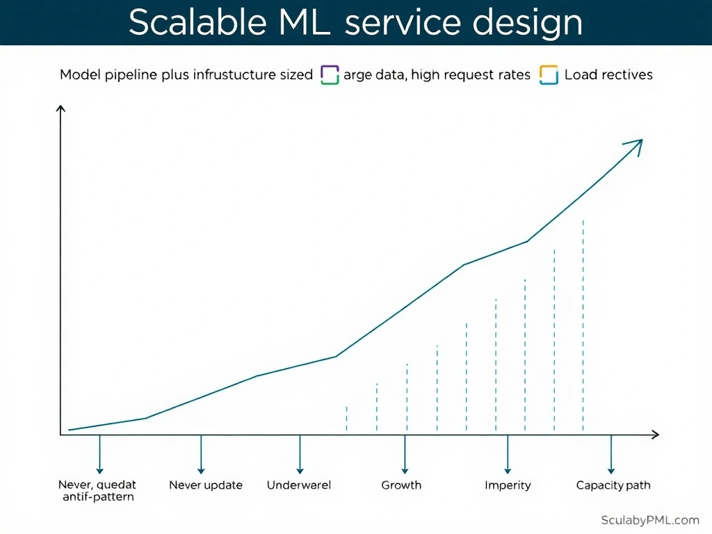 Scalable ML service design: model pipeline plus infrastructure sized for large data and high request rates; replicas, queues, load balancing; contrast never-update, underpowered model, single-machine-only anti-patterns; capacity growth path diagram.