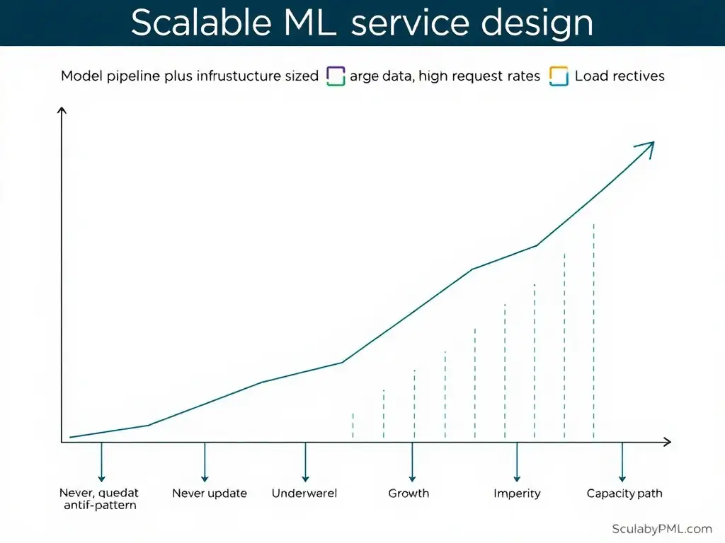 Scalable ML service design: model pipeline plus infrastructure sized for large data and high request rates; replicas, queues, load balancing; contrast never-update, underpowered model, single-machine-only anti-patterns; capacity growth path diagram.