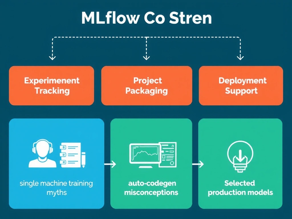 Topics: MLflow components in the ML lifecycle—experiment tracking, project packaging, model registry/deployment support; contrast with raw data stores, single-machine training myths, and auto-codegen misconceptions; flow from many experimental runs to selected production model.