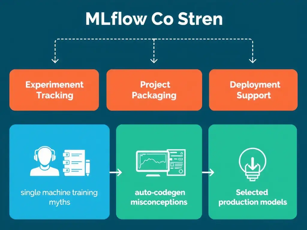 Topics: MLflow components in the ML lifecycle—experiment tracking, project packaging, model registry/deployment support; contrast with raw data stores, single-machine training myths, and auto-codegen misconceptions; flow from many experimental runs to selected production model.
