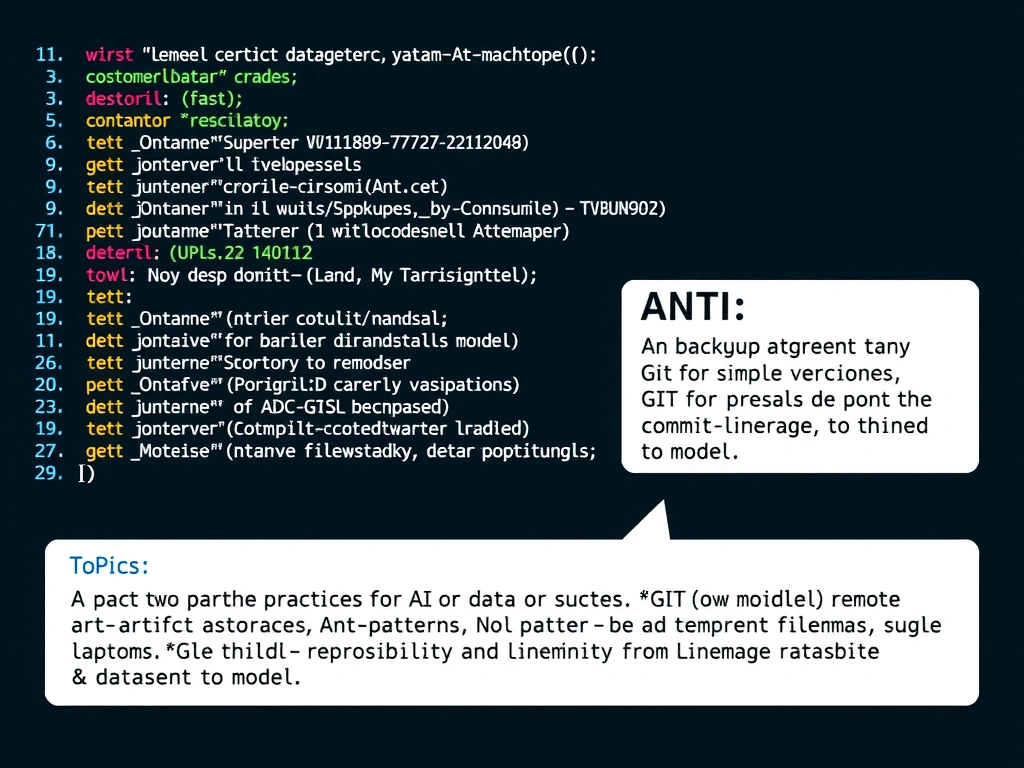 Topics: versioning best practices for AI—Git for code, DVC (or similar) for data and models; remote artifact storage; anti-patterns (no backups, ad hoc filenames, single laptop); reproducibility and lineage from commit to dataset to model.