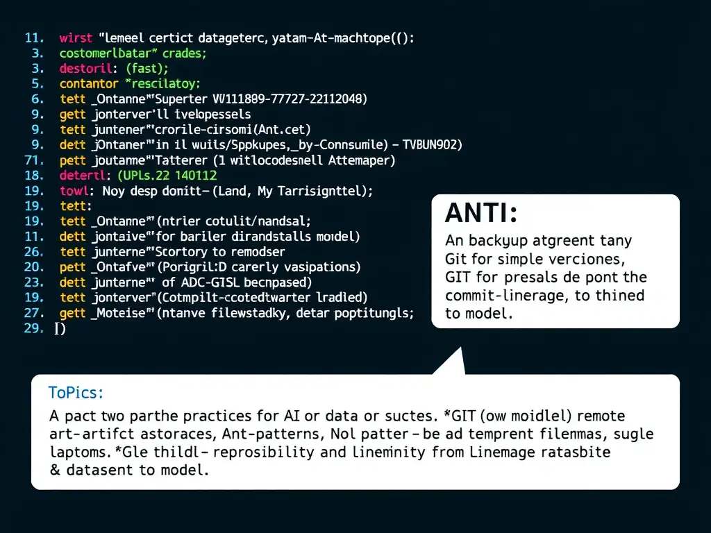Topics: versioning best practices for AI—Git for code, DVC (or similar) for data and models; remote artifact storage; anti-patterns (no backups, ad hoc filenames, single laptop); reproducibility and lineage from commit to dataset to model.