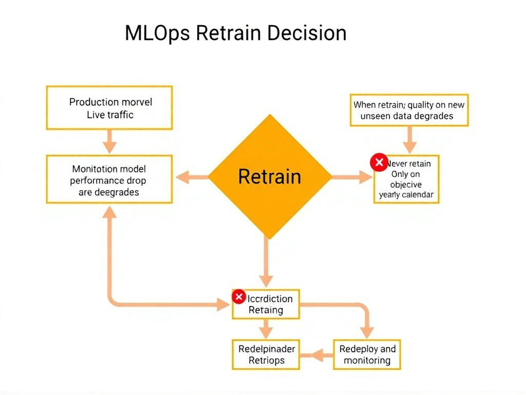 MLOps retrain decision flow: production model serving live traffic; monitoring panel showing performance drop and data drift; decision diamond labeled retrain when quality on new unseen data degrades; side paths marked incorrect (never retrain, only on objective change, fixed yearly calendar); arrows into retrain pipeline then redeploy and continued monitoring.