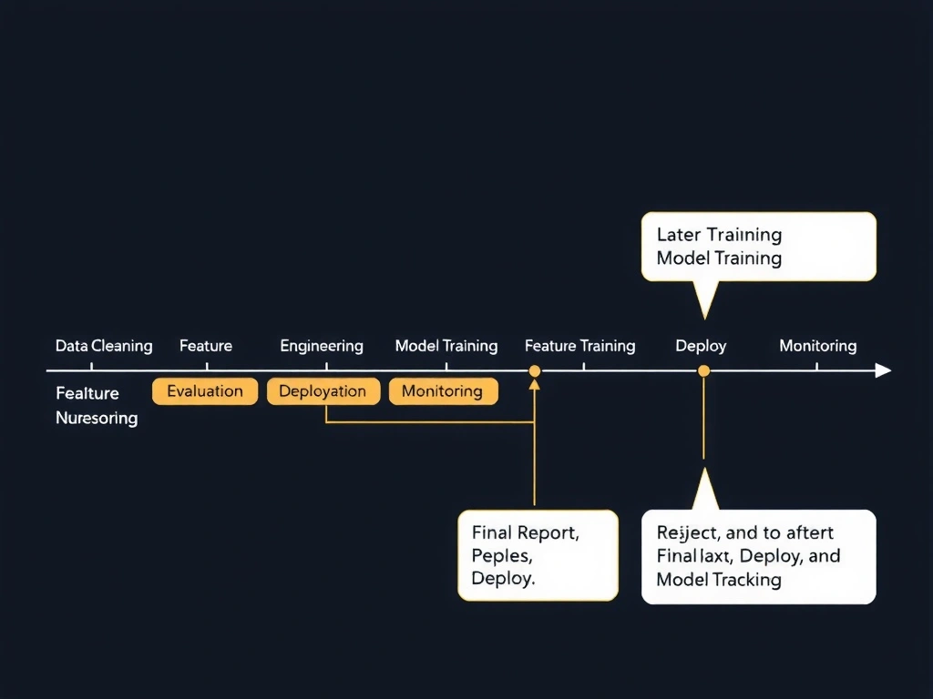 Horizontal AI pipeline stages with highlight on transition after Data Cleaning into Feature Engineering and Model Training; later stages Evaluation, Deployment, Monitoring dimmed; callouts rejecting premature Final Report, Deploy, and Model Tracking as the next sequential step.