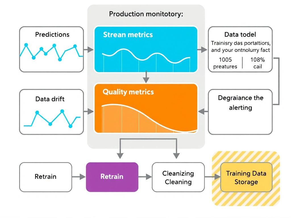 Production monitoring layer around a live model: streams of predictions and features; panels for quality metrics, data drift, and degradation alerts; arrows to retrain or rollback; separate boxes showing that coding, cleaning, and training-data storage are not monitoring's primary role.