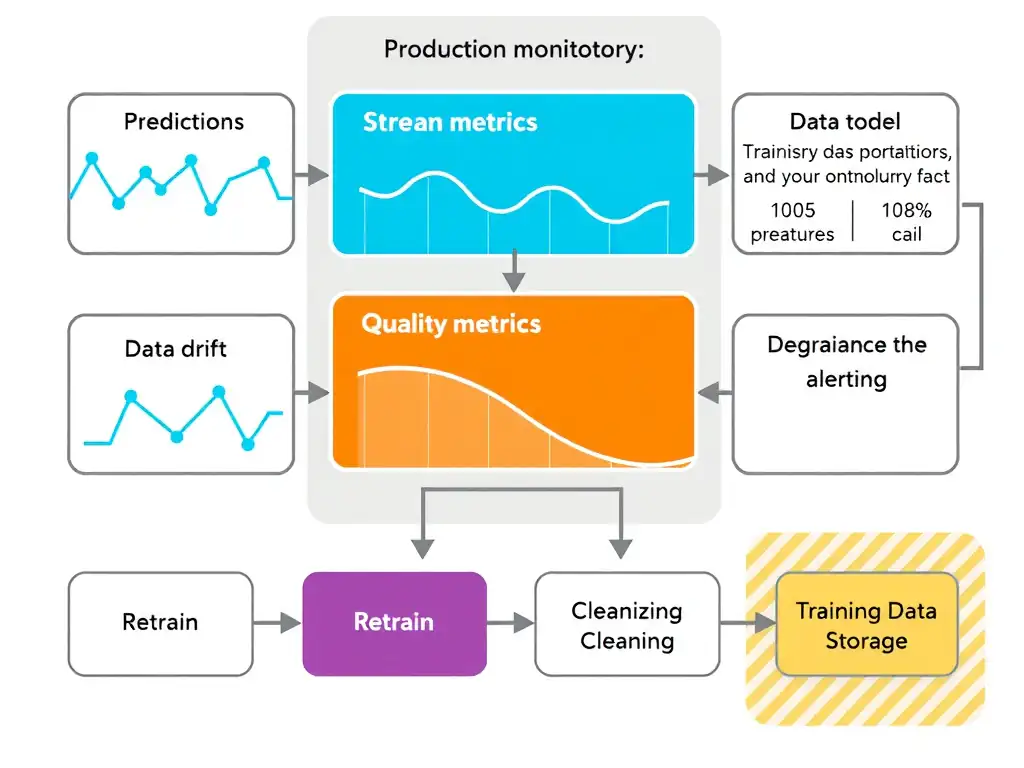 Production monitoring layer around a live model: streams of predictions and features; panels for quality metrics, data drift, and degradation alerts; arrows to retrain or rollback; separate boxes showing that coding, cleaning, and training-data storage are not monitoring's primary role.