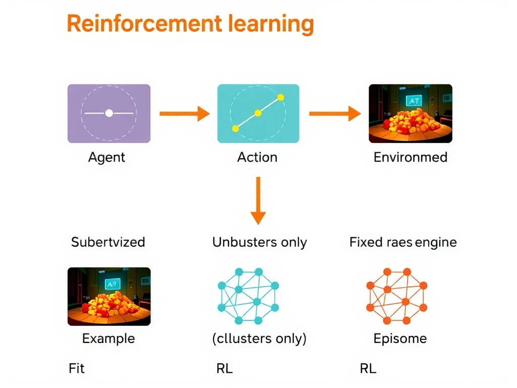 Reinforcement learning loop diagram: Agent, Environment, State, Action, Reward; video-game example; side comparisons of supervised (labeled moves), unsupervised (clusters only), and fixed rules engine with marks showing RL as the fit for learning from scores over episodes.