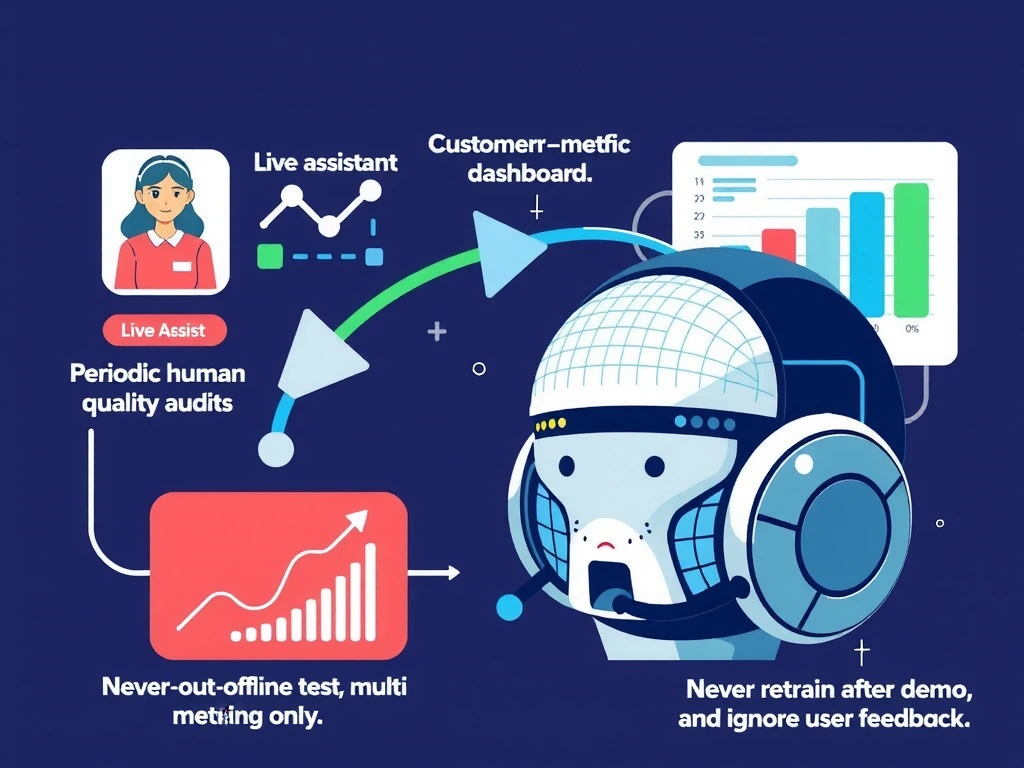 Customer-support AI reliability loop: live assistant, periodic human quality audits, A/B test traffic split, multi-metric dashboard; crossed-out anti-patterns of single offline metric only, never retrain after demo, and ignore user feedback.
