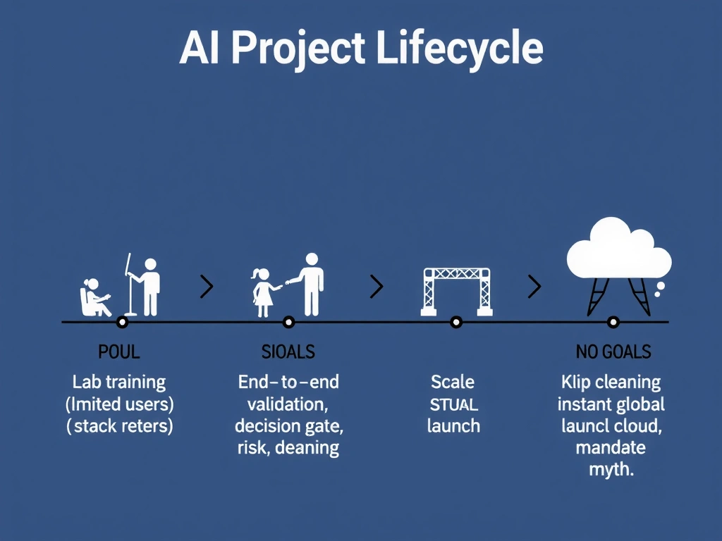AI project lifecycle showing lab training → controlled pilot (limited users, full stack metrics) → scale decision gate → full production; contrast pilot goals (end-to-end validation, risk reduction) vs non-goals (skip cleaning, instant global launch, cloud mandate myth).