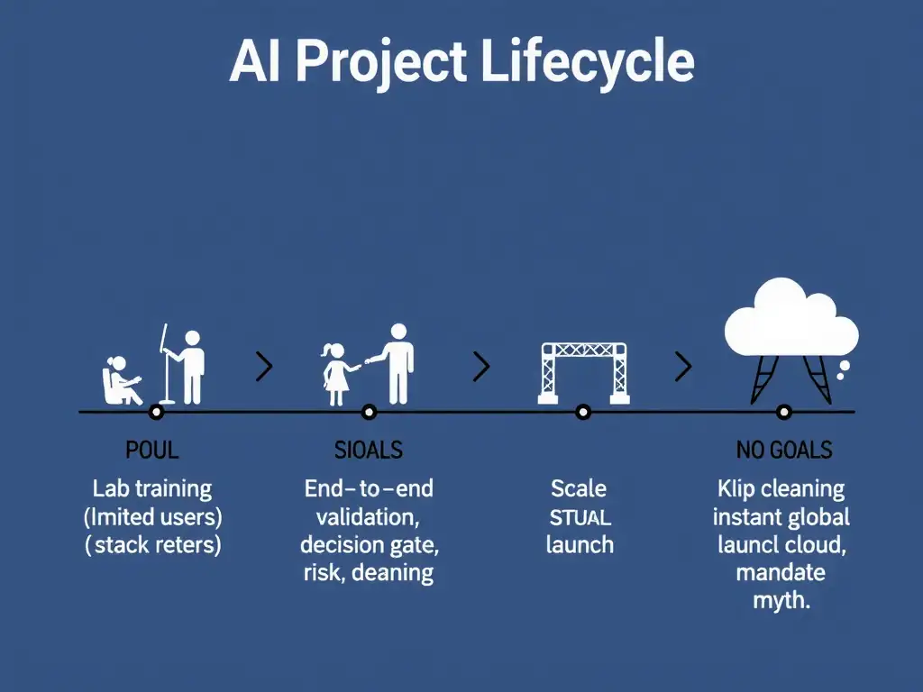 AI project lifecycle showing lab training → controlled pilot (limited users, full stack metrics) → scale decision gate → full production; contrast pilot goals (end-to-end validation, risk reduction) vs non-goals (skip cleaning, instant global launch, cloud mandate myth).