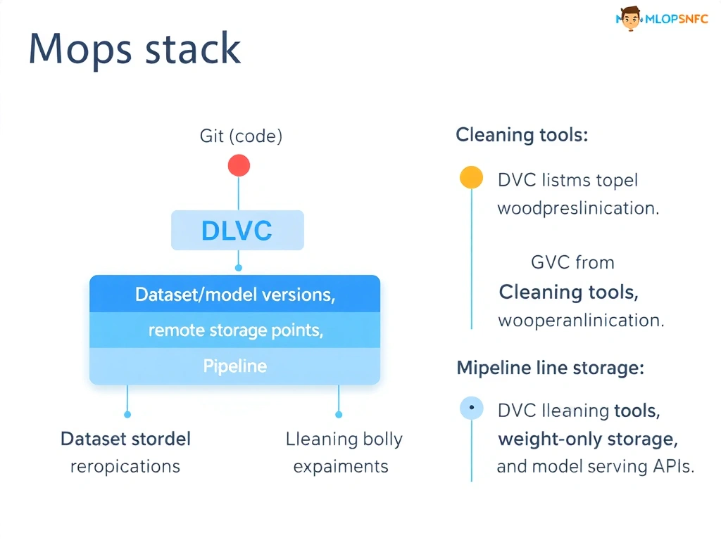 MLOps stack diagram: Git (code) + DVC (dataset/model versions, remote storage pointers, pipeline lineage) → experiment reproducibility; side notes distinguishing DVC from cleaning tools, weight-only storage, and model serving APIs.