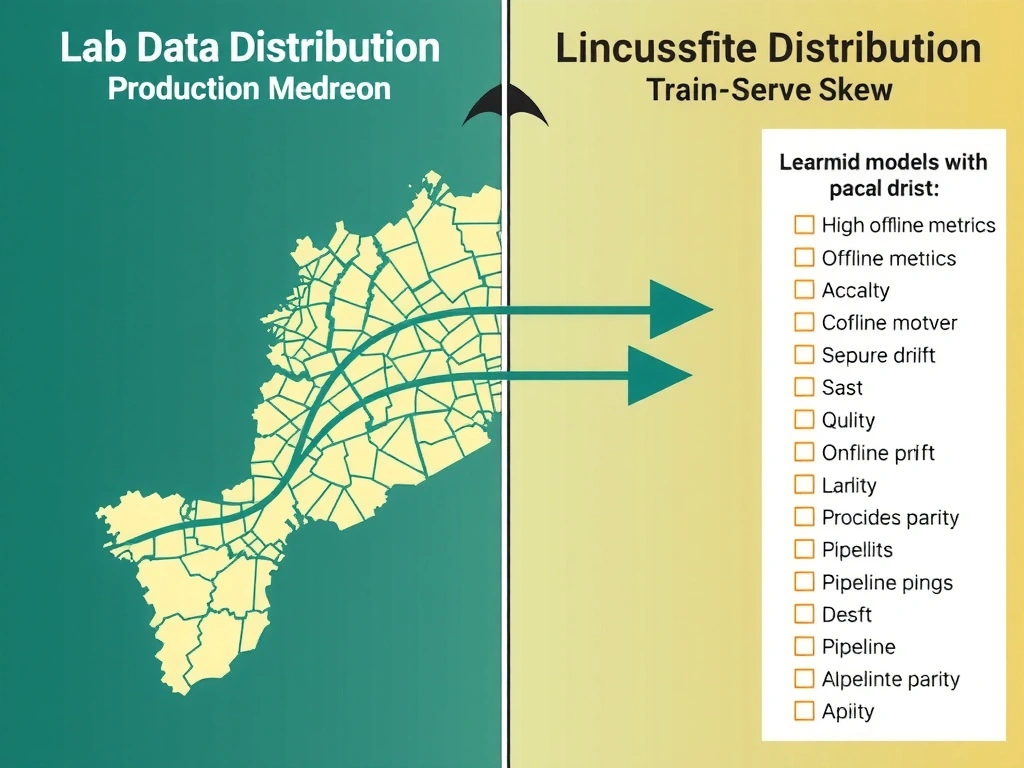 Side-by-side comparison of lab data distribution vs production data distribution with arrows labeled distribution shift / train-serve skew; model with high offline metrics and low online metrics; checklist for monitoring feature drift and pipeline parity.