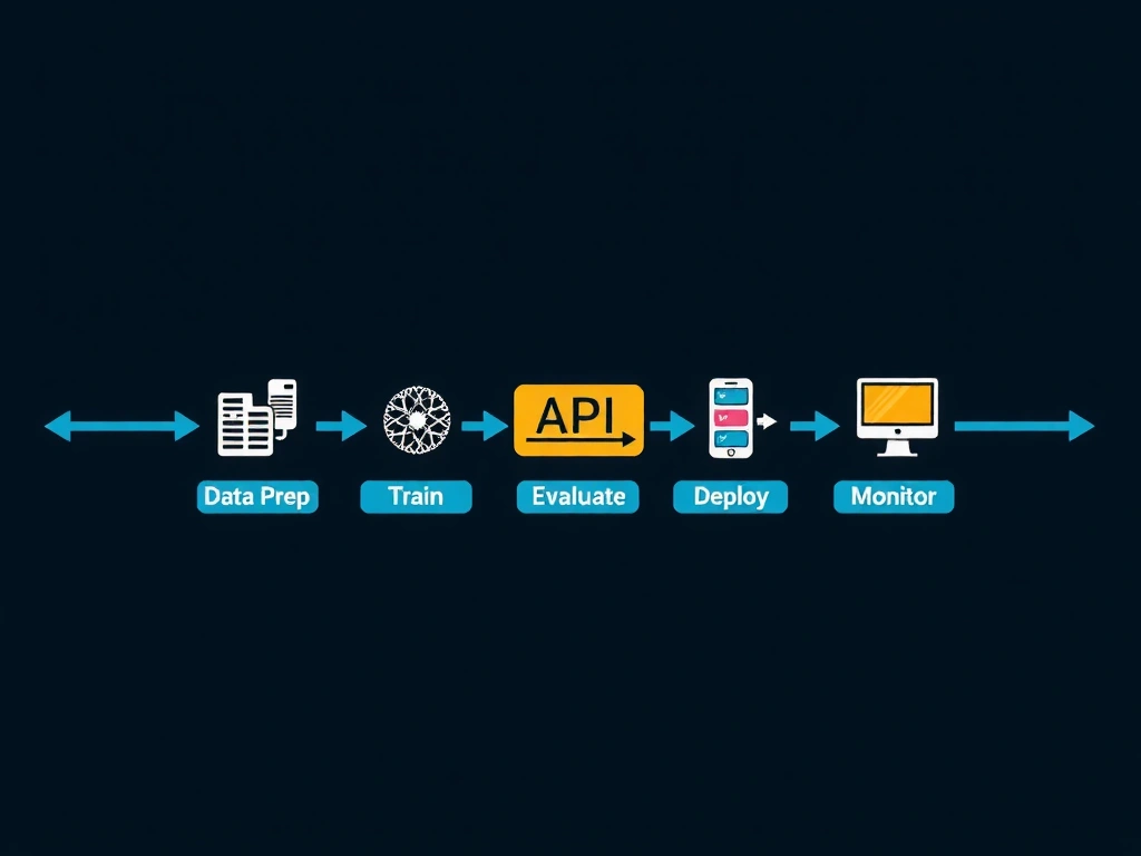 AI lifecycle stages as a horizontal flow: data prep → train → evaluate → deploy (highlight: serve inference to users/apps) → monitor; icons for API, batch job, and embedded model as deployment patterns; labels separating each phase's goal.