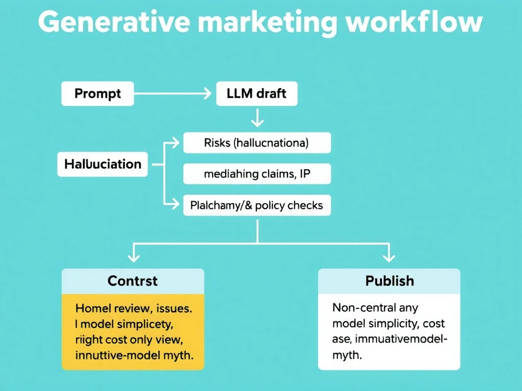 Generative marketing workflow: prompt → LLM draft → risks callouts (hallucination, misleading claims, plagiarism/IP) → human review & policy checks → publish; contrast with non-central issues (model simplicity, cost-only view, immutable-model myth).