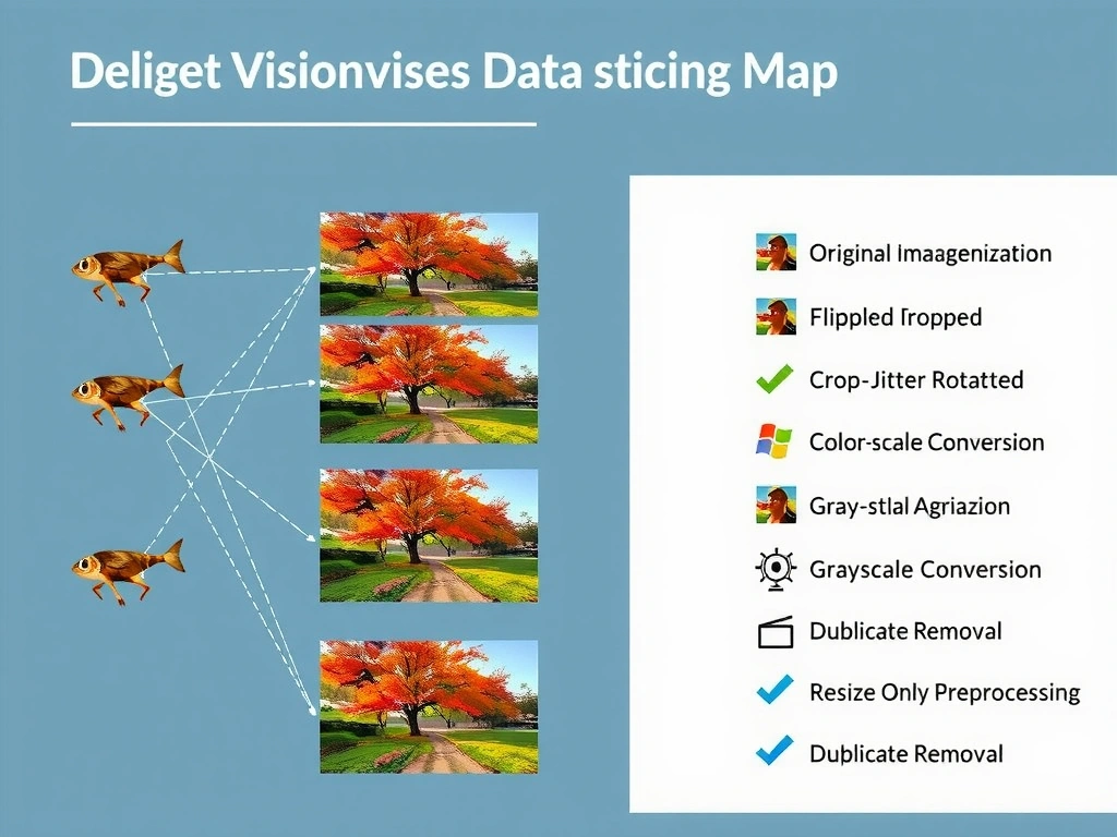 Computer vision data augmentation concept map: original image branching into flipped, cropped, rotated, color-jittered variants feeding a training set; side panel contrasting augmentation vs grayscale conversion, resize-only preprocessing, and duplicate removal.