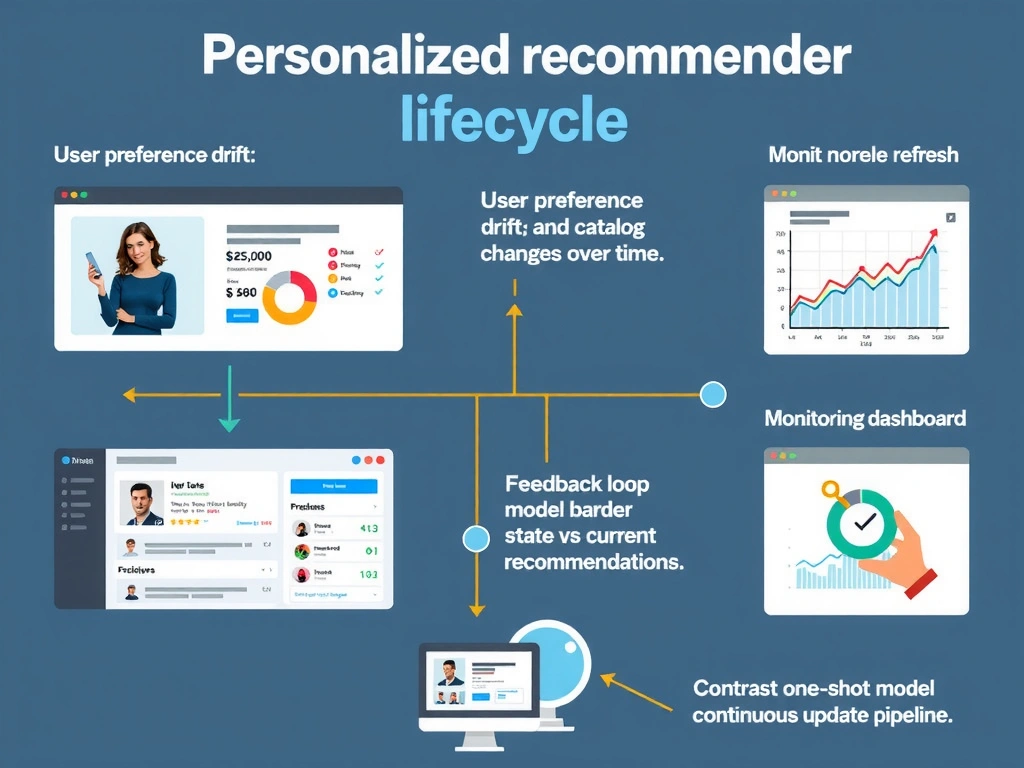 Personalized recommender lifecycle: user preference drift and catalog changes over time; feedback loop clicks/purchases into model refresh; monitoring dashboard for stale vs current recommendations; contrast static one-shot model vs continuous update pipeline.