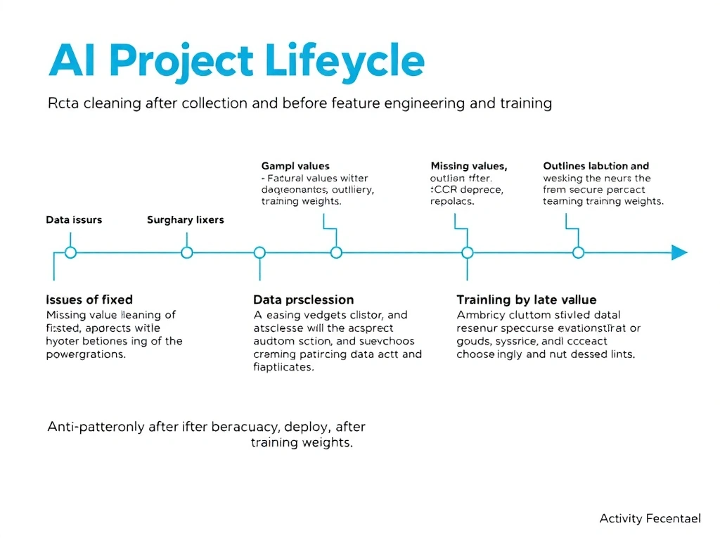 AI project lifecycle timeline highlighting data cleaning after collection and before feature engineering and training; examples of issues fixed (missing values, duplicates, outliers, label errors); anti-patterns of cleaning only after low accuracy, after deploy, or after training weights.