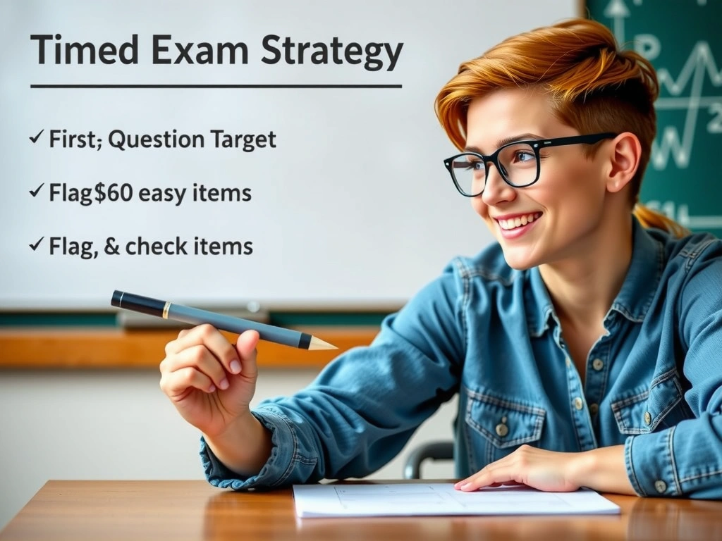 Timed exam pacing strategy: total time budget, per-question target, first-pass easy items, flag-and-return hard items, section checkpoints; contrast with incomplete sections, study-less myth, and perfect-score myth.