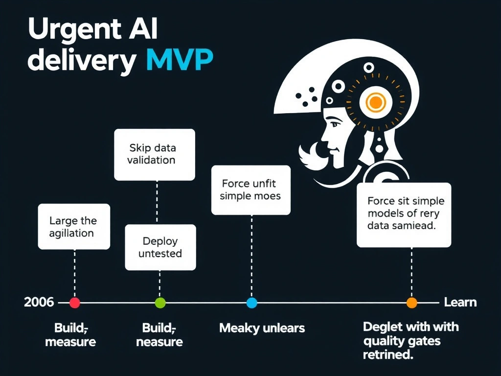 Urgent AI delivery via agile MVP iterations versus anti-patterns: skip data validation, force unfit simple models, deploy untested; timeline of build-measure-learn with quality gates retained.