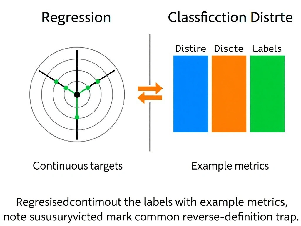 Side-by-side supervised learning map: regression continuous targets with example metrics versus classification discrete labels with example metrics; note both supervised; mark common reverse-definition trap.