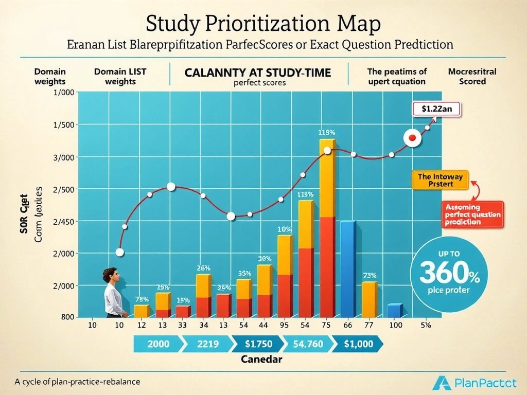 Exam blueprint as a study prioritization map: domain list with percentage weights, proportional study-time bars, calendar allocation, traps of assuming perfect scores or exact question prediction, and a cycle of plan-practice-rebalance.