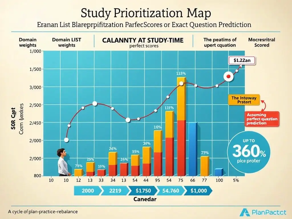Exam blueprint as a study prioritization map: domain list with percentage weights, proportional study-time bars, calendar allocation, traps of assuming perfect scores or exact question prediction, and a cycle of plan-practice-rebalance.