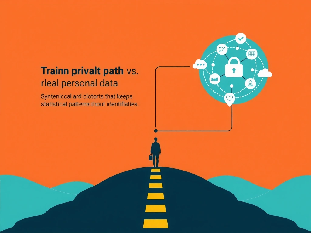 Training privacy path: real personal data vs synthetic data that keeps statistical patterns without identifiers; controls for encryption and access; rejected paths of uncontrolled sharing, cleartext storage, and training with no data.